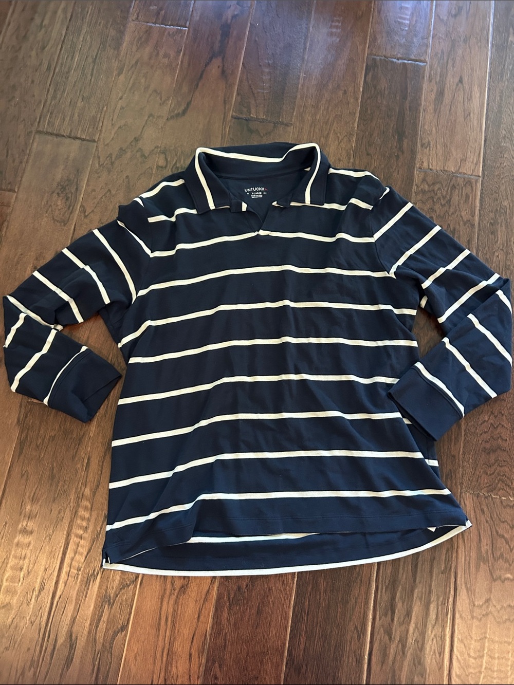 UNTUCKit Navy & White Striped Long Sleeve Polo Shirt
